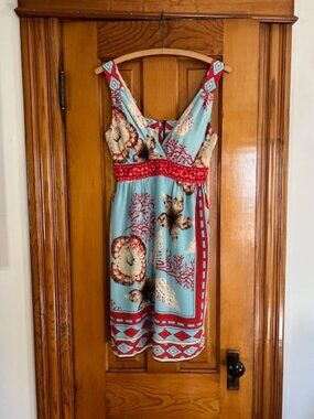 NWT Single Dress Printed 100% Silk Beaded Marine-Inspired Dress Woman's Size S